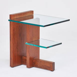 JEFFREY GREENE: Falling Water" side table, Bucks County, PA, 1990s/2000s; African bubinga, glass; Unmarked; 26 1/2" x 23" x 20