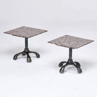 JORDAN MOZER; RENAISSANCE TIMES SQUARE: Pair of custom side tables; Chicago, IL, 2000s; Patinated metal, marble tops; Manufacturer labels; 16" x 18" sq.