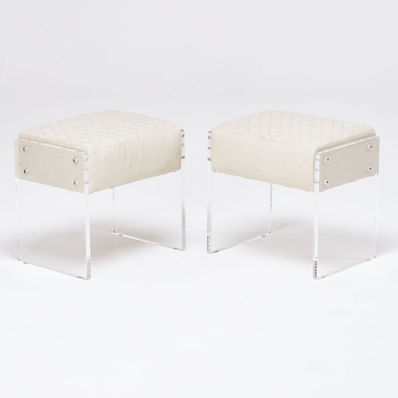 MODERN: Pair of stools, 2000s; Acrylic, stitched and quilted leather; Unmarked; 18" x 18 1/2" x 14"