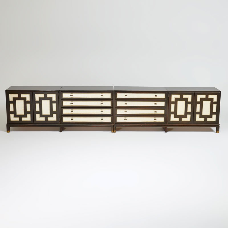 RENZO RUTILLI; JOHNSON FURNITURE: Four cabinets with kappa shell doors, USA, 1960s/70s; Stained wood, metal trim; Marked; Each: 31" x 156" x 20"