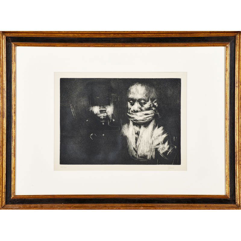 JACK LEVINE (American, 1915-2010): Aquatint; "The Prisoner," 1963 (framed); Signed and numbered 45/100; 12 1/2" x 17 1/2" (plate)