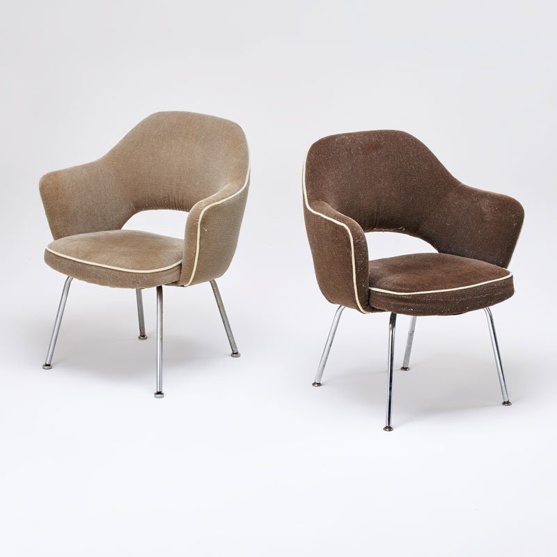 EERO SAARINEN; KNOLL INTERNATIONAL: Two armchairs; Wool upholstery, chromed steel bases; Unmarked; 31" x 27" x 25"