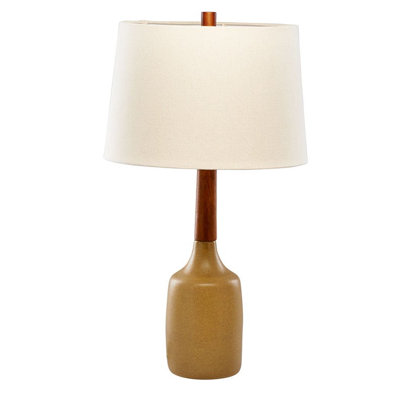 GORDON MARTZ; MARSHALL STUDIOS: Glazed ceramic and teak table lamp with linen shade, Indiana, 1950s; With original paper tag, incised signature; 25" x 14 1/2" dia.