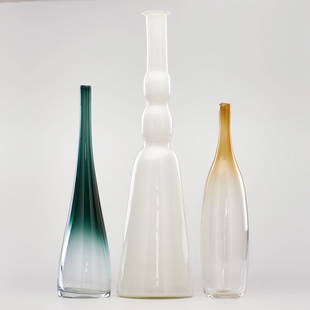 BENGT ORUP; JOHANSFORS GLASBRUK, ETC.: Three Scandinavian glass vases: two Johansfors bottles and taller with double gourd neck, ca. 1958; One signed "J-Fors Orup," others unmarked; Tallest: 19 1/4" x 5 1/4" dia.