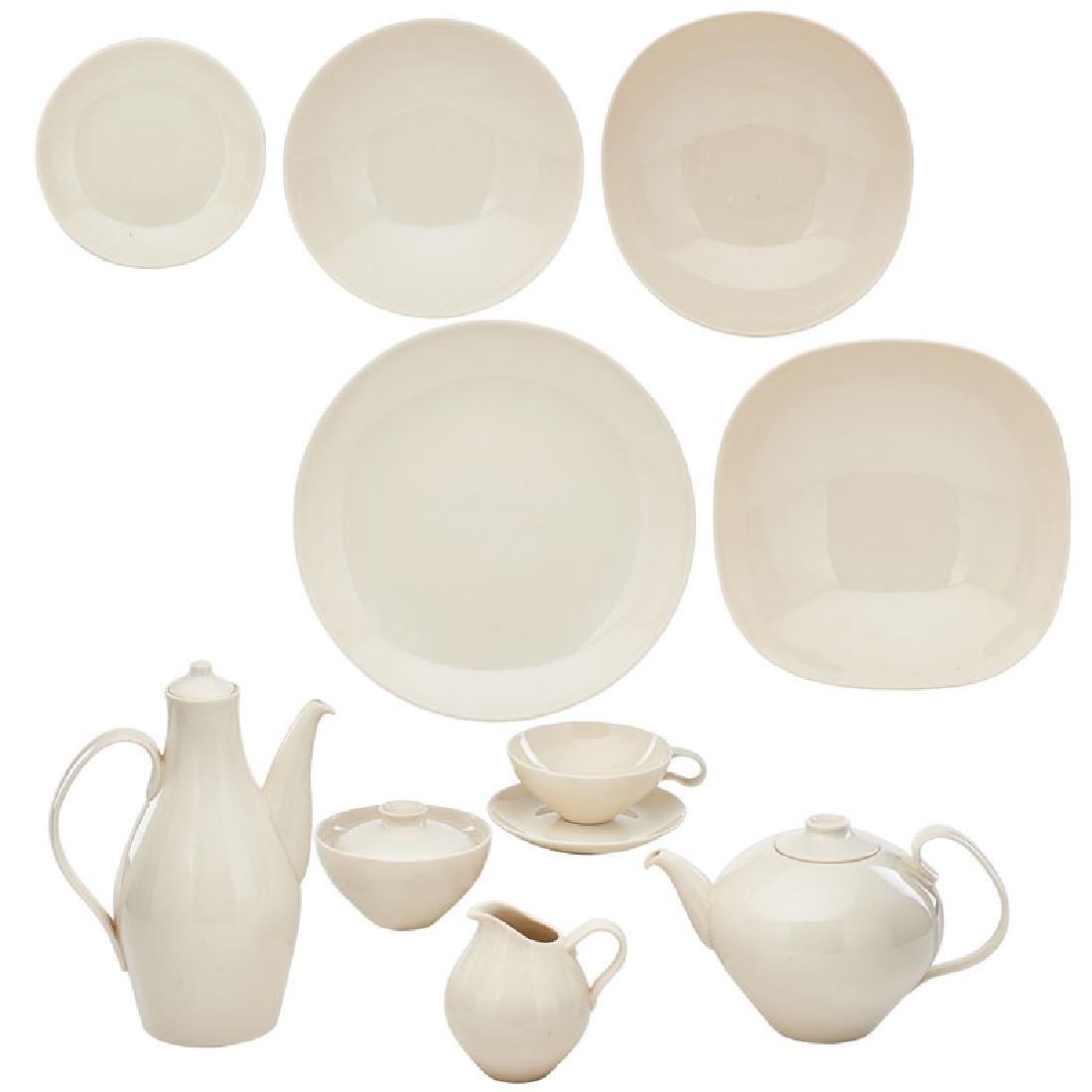 EVA ZEISEL Assembled Museum dinner service: EVA ZEISEL (1906 - 2011) CASTLETON CHINA Museum dinner service for six, New Castle, PA, des. 1942-43: coffeepot, teapot, six teacups, creamer, lidded sugar, six saucers, six small plates, six dinner p