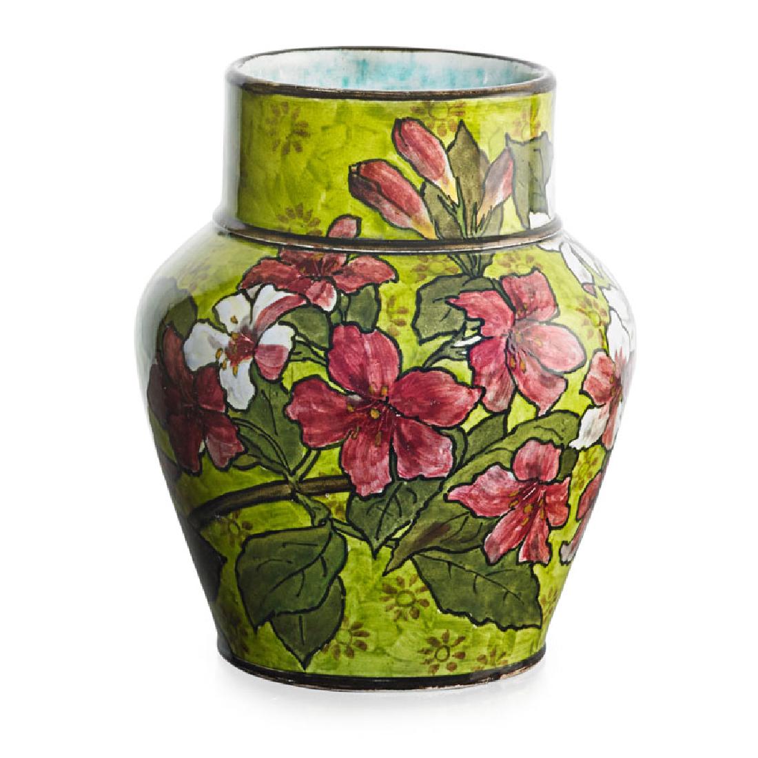 JOHN BENNETT Vase with azaleas: JOHN BENNETT (1840 - 1907) Vase with azaleas on green ground, New York, 1880 Signed BENNETT NEW YORK 1880 6" x 4 1/2"
