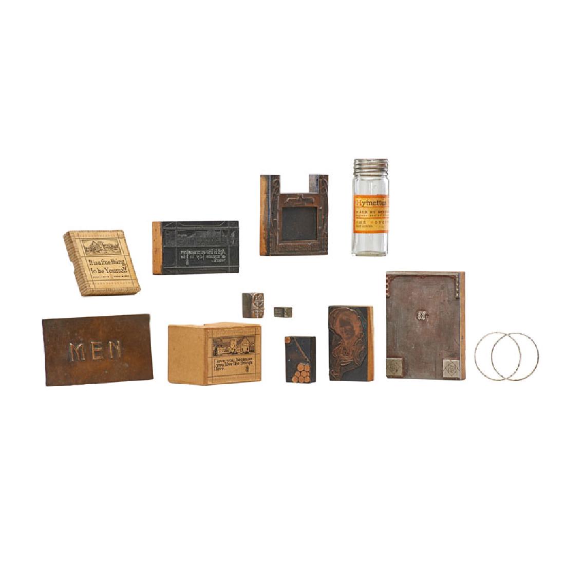 ROYCROFT EPHEMERA: ROYCROFT Thirteen pieces of ephemera, East Aurora, NY, early 20th C.: two silver bracelets, two decorative boxes, one honey jar, one copper "MEN" sign, and seven woodblocks Original paper label to hon
