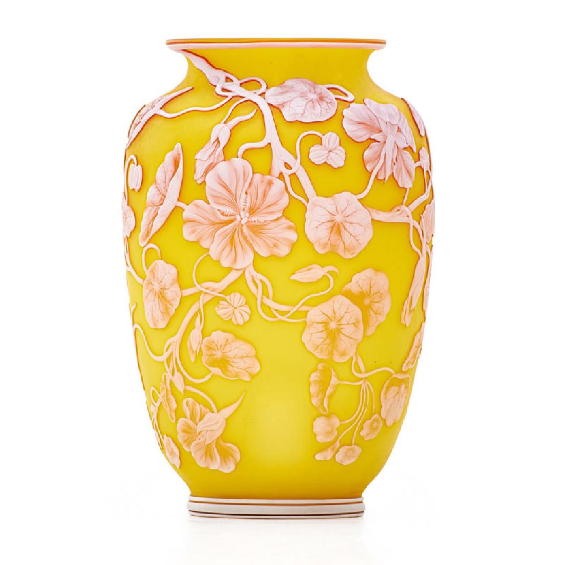 THOMAS WEBB & SONS Fine cameo glass vase: THOMAS WEBB & SONS Fine vase with nasturtiums and bees, England, ca. 1890 Acid-etched and wheel-carved cameo glass Etched Nasturtium to base 8 1/4" x 5"