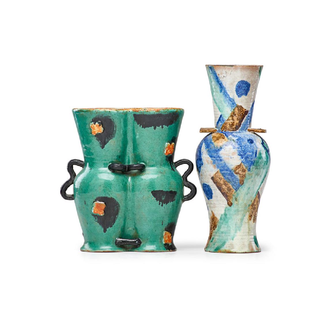 WIENER WERKSTATTE Two vases: GUDRUN BAUDISCH (1907 - 1982) KITTY RIX (b. 1901) WIENER WERKSTATTE Two glazed ceramic vases, Austria, 1920s Both stamped WW Made in Austria, each with artist cipher 12 1/4", 9 1/2" Provenance: Collec