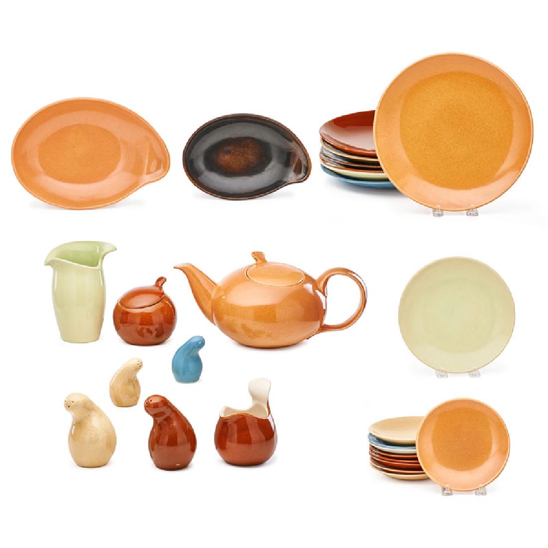 EVA ZEISEL Town and Country partial dinner service: EVA ZEISEL (1906 - 2011) RED WING POTTERY Twenty-six pieces of Town and Country dinnerware, Red Wing, MN, 1940s: teapot, sugar, creamer, two salt shakers, two pepper shakers, small pitcher, two servin