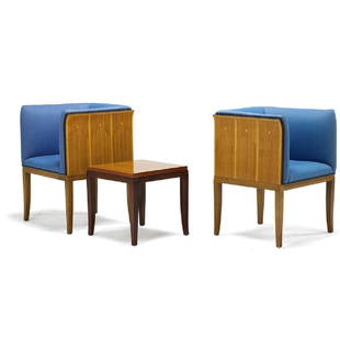 ELIEL SAARINEN Pair of House armchairs, table: ELIEL SAARINEN (1873 - 1950) ARKITEKTURA Pair of House armchairs and side table, USA, 1990s (des. 1929) East Indian rosewood, African mahogany, afromosia, and maple veneer, upholstery, enameled tacks