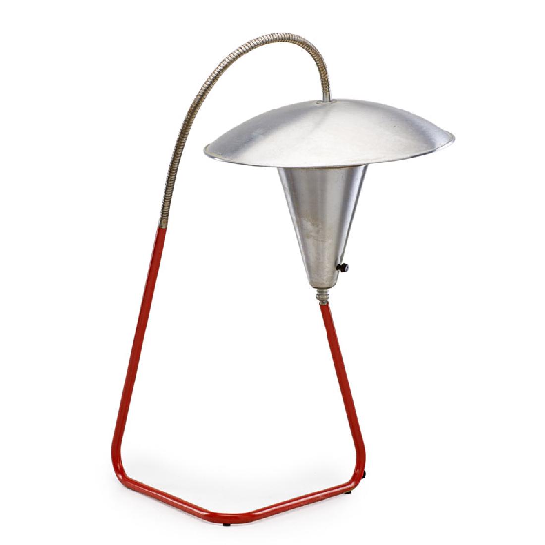 ZAHARA SCHATZ Rare large table lamp: ZAHARA SCHATZ (1916 - 1999) HEIFETZ Rare large adjustable table lamp, USA, 1950s Aluminum, enameled brass, single socket Unmarked As shown: 26" x 16" x 12" This design received an honorable mention at