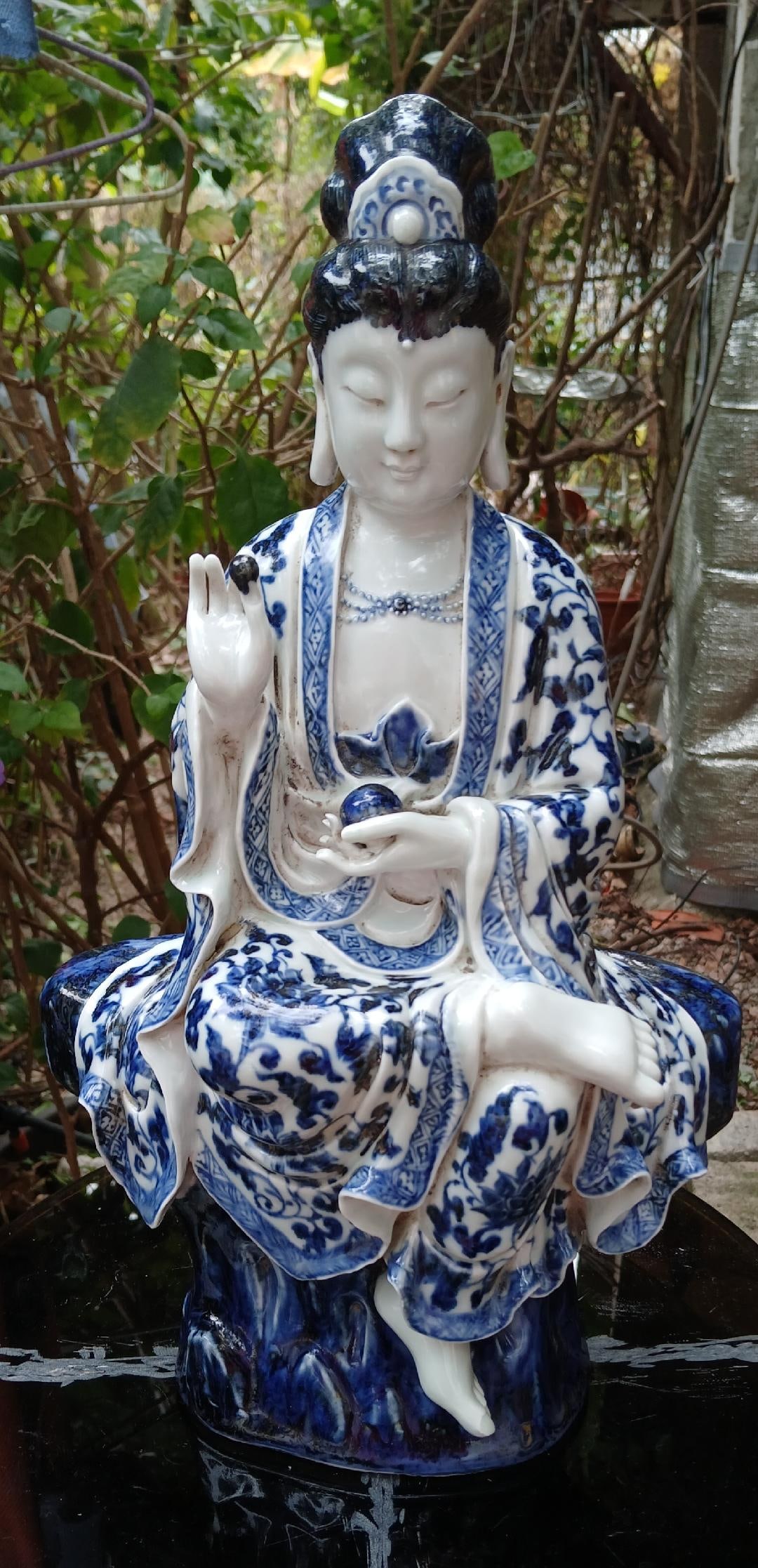 Important Ming Dynasty Xuande Period Underglaze Blue Guanyin with Inscriptions (1 of 2)