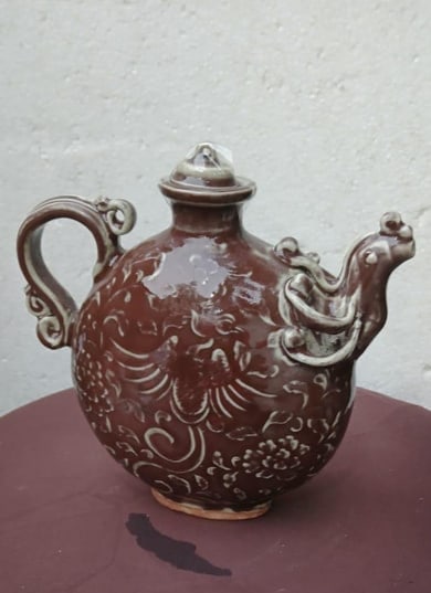 Rare Yuan Dynasty Underglaze Red Binhu with a Phoenix Shape (1 of 1)