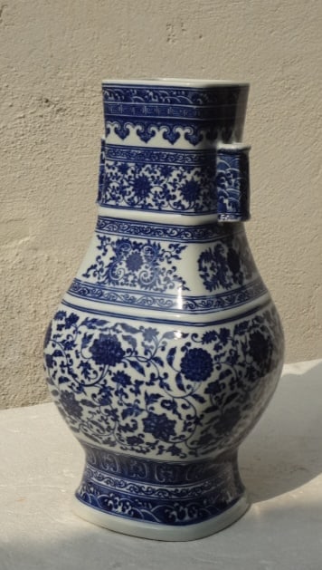 Important Qing Dynasty Underglaze Blue Square Wing Container Hu (1 of 6)