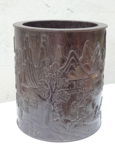 Large Zitan Carving of Brush Pot with Landscape and a poem (1 of 8)