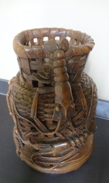 Bamboo Carving of a Bamboo Basket with Shrimp and Crab (1 of 6)