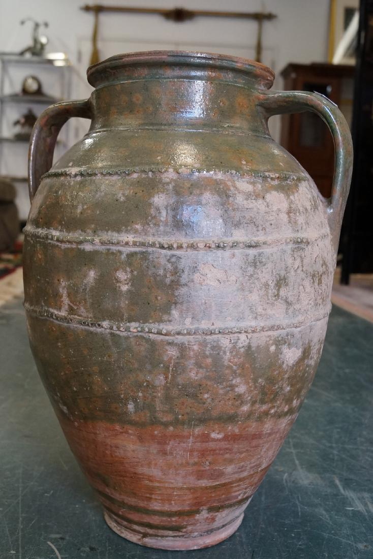 EARLY GREEN GLAZED REDWARE JUG WITH HANDLES. HEIGHT 18"; (1 of 1)