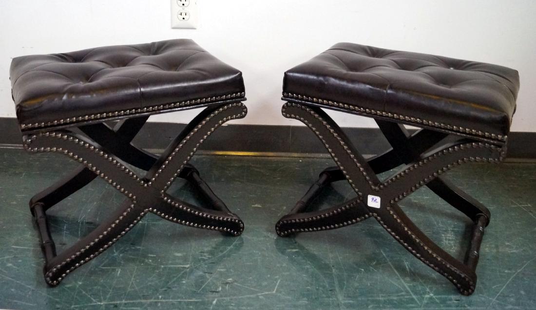 PAIR PAINTED BENCHES WITH LEATHER SEATING AND BRASS (1 of 1)