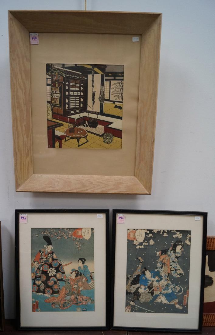 LOT (3) ASSORTED JAPANESE WOODBLOCK PRINTS. FRAMED AND (1 of 1)