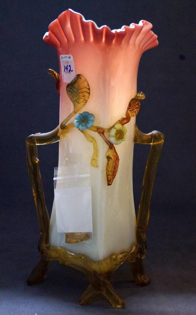 VICTORIAN PINK OPALINE CASE GLASS VASE WITH AMBER (1 of 1)