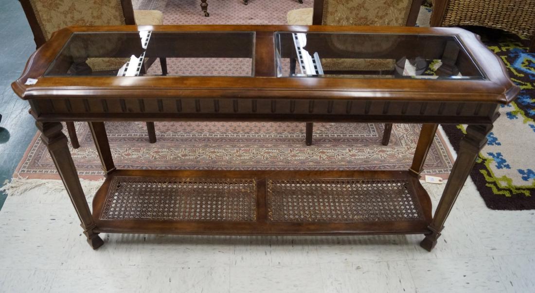 VINTAGE WALNUT CONSOLE TABLE WITH GLASS TOP AND WICKER (1 of 1)