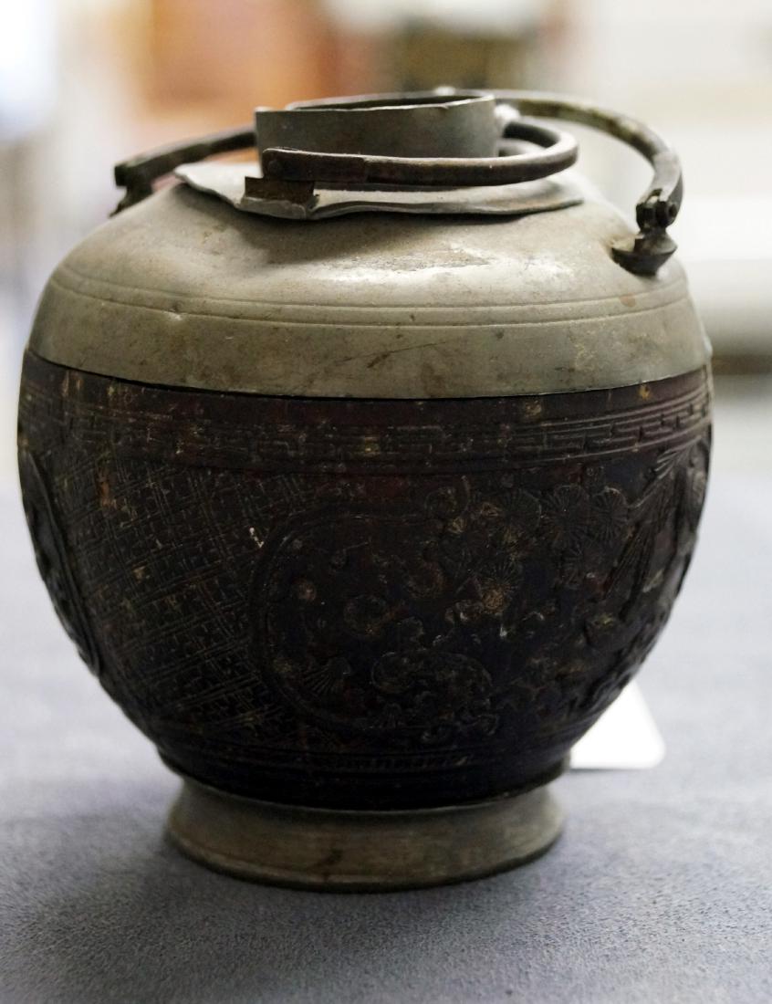 CHINESE CARVED COCONUT TEAPOT WITH PEWTER MOUNTS, 19TH (1 of 3)