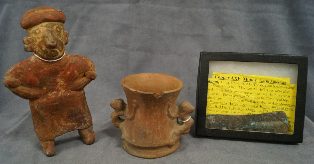 LOT (3) PRE-COLUMBIAN INCLUDING NAYARIT POTTERY FIGURE, (1 of 1)