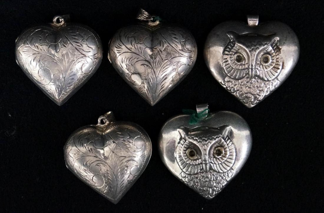 LOT (5) STERLING HEART LOCKETS AND OWL PENDANTS. HEIGHT (1 of 2)