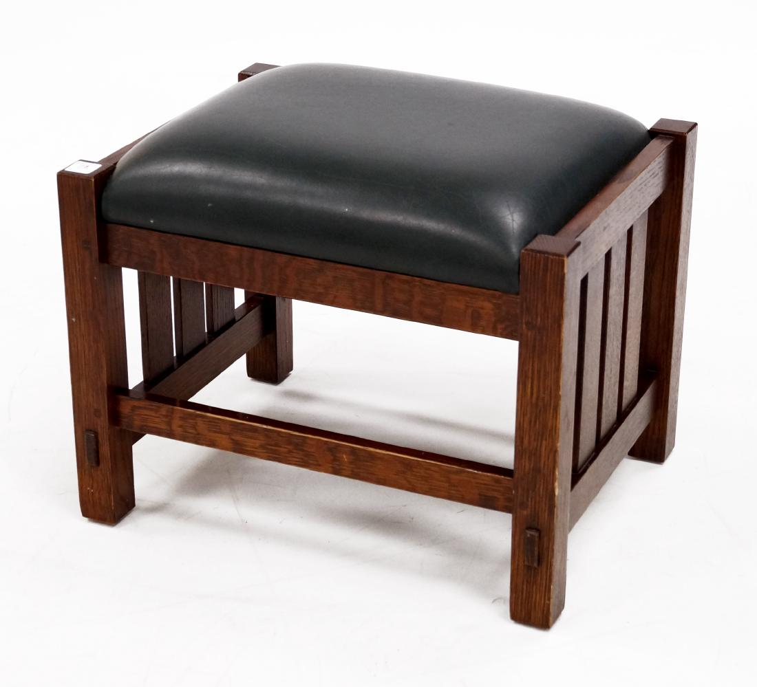 STICKLEY ARTS AND CRAFTS OAK GREEN LEATHER FOOT STOOL, (1 of 2)