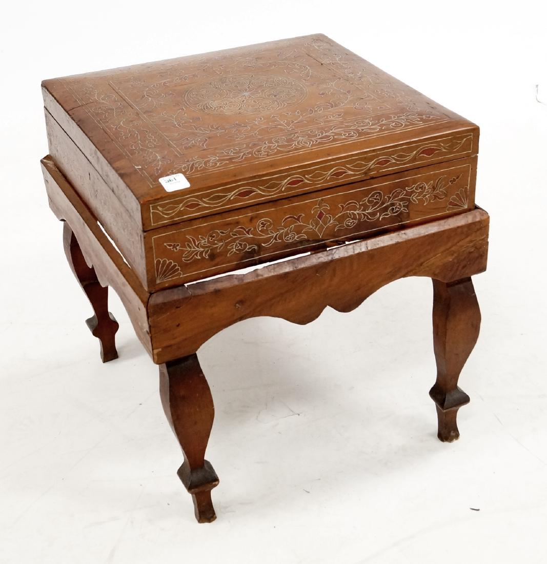 INDIAN SILVER AND HARDSTONE INLAID BOX ON STAND. HEIGHT (1 of 2)