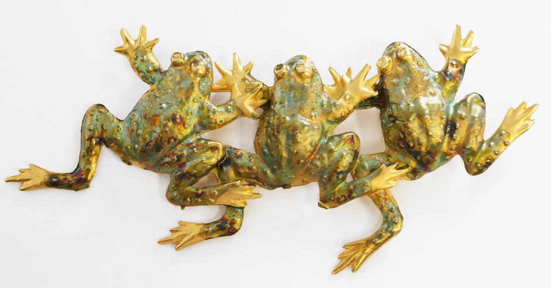 GILT ENAMELED FROG BROOCH. LENGTH 4 1/2" (1 of 1)