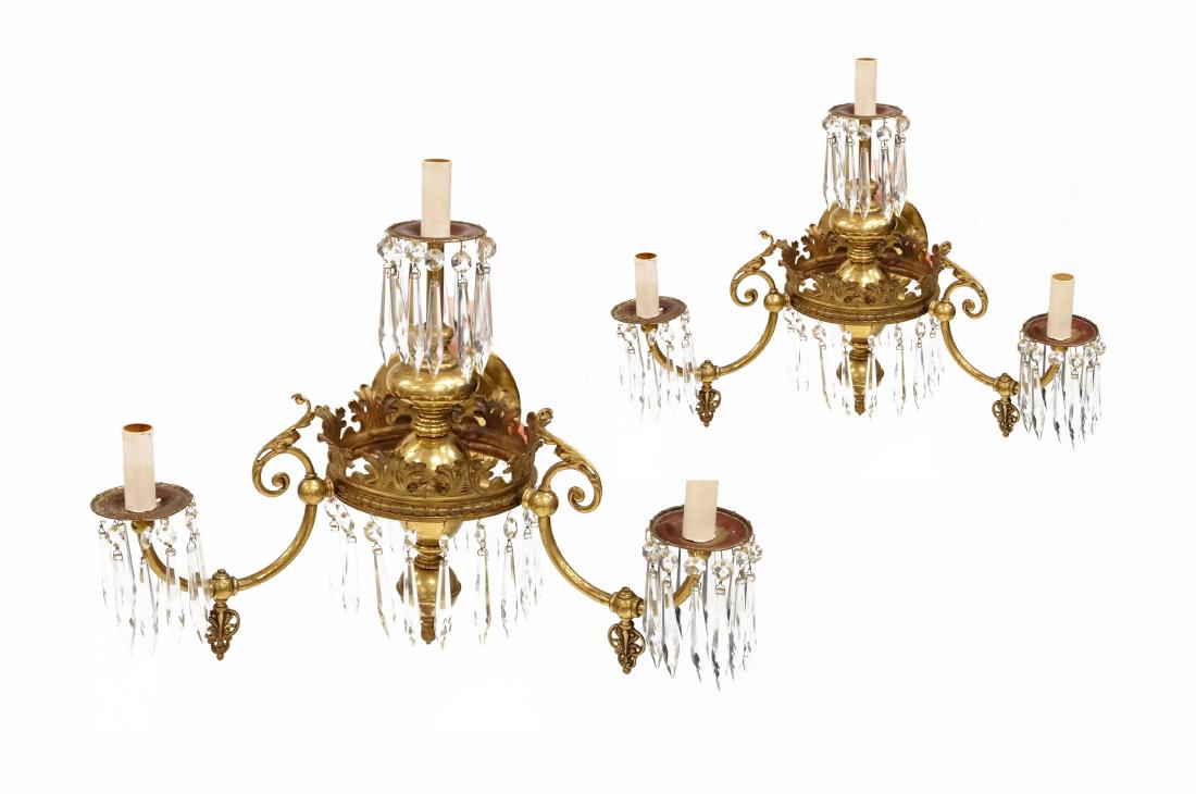 PAIR EDWARDIAN BRASS AND CRYSTAL GAS SCONCES (1 of 1)