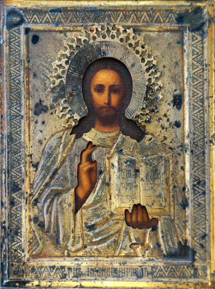 RUSSIAN ICON ON WOOD PANEL WITH GILT SILVER OKLAD, (1 of 1)