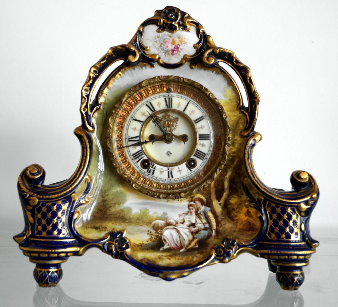 VINTAGE ANSONIA MANTLE CLOCK WITH ROYAL BONN DECORATED (1 of 2)