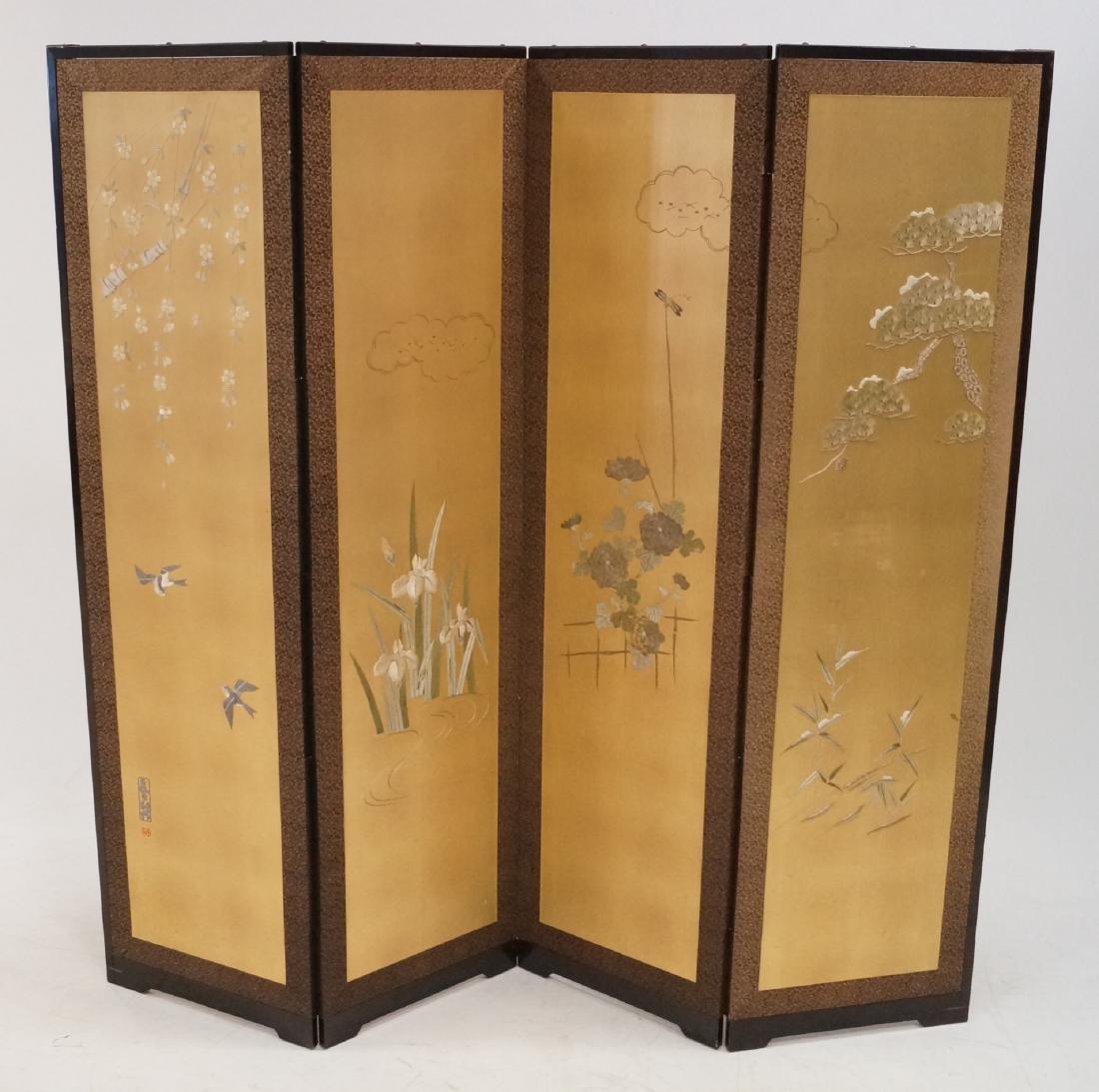 JAPANESE 4-PANEL EMBROIDERED SILK SCREEN, SIGNED. (1 of 1)