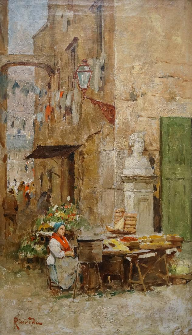 OSCAR RICCIARDI (ITALIAN 1864-1935), OIL ON CANVAS,: OSCAR RICCIARDI (ITALIAN 1864-1935), OIL ON CANVAS, VILLAGE MARKET, SIGNED. 14 3/4 X 9 1/4"