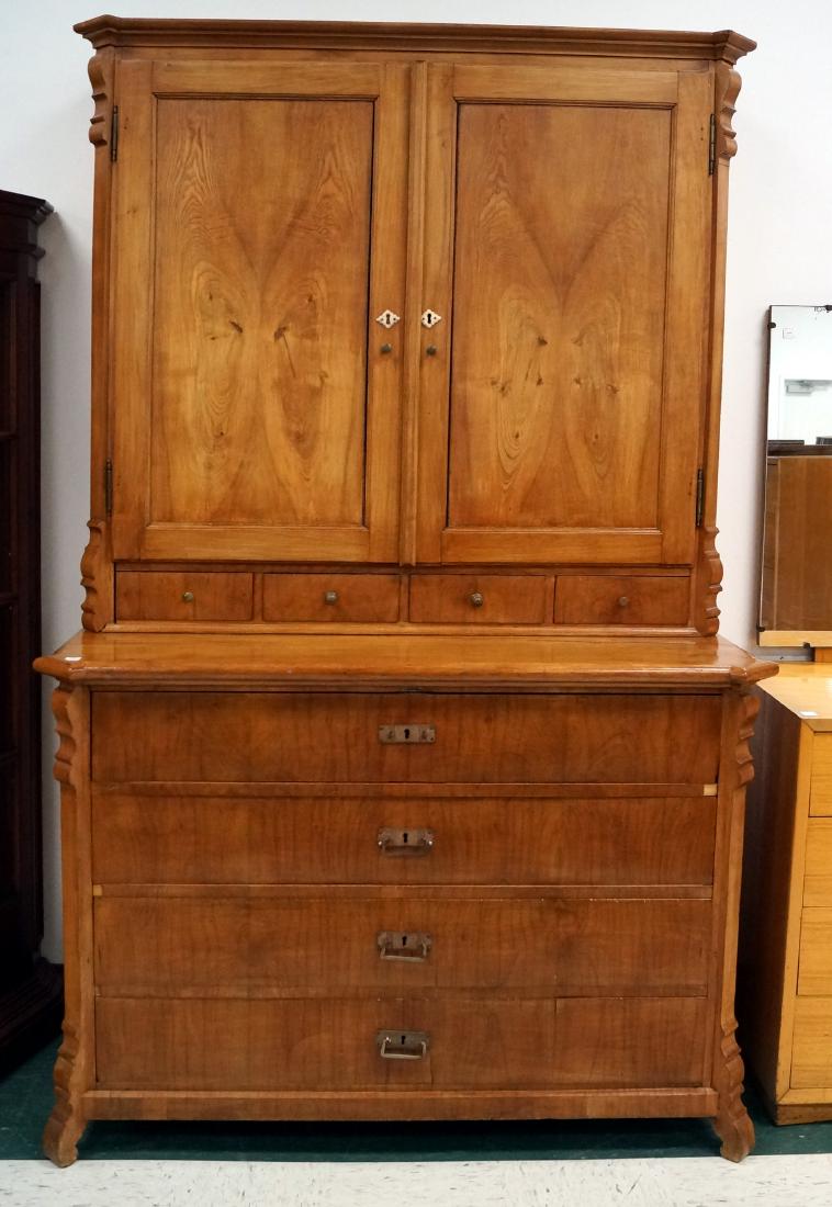 SCANDINAVIAN CARVED FRUITWOOD SECRETARY/CABINET, SIGNED: SCANDINAVIAN CARVED FRUITWOOD SECRETARY/CABINET, SIGNED AND DATED 1869. HEIGHT 84"; WIDTH 51"
