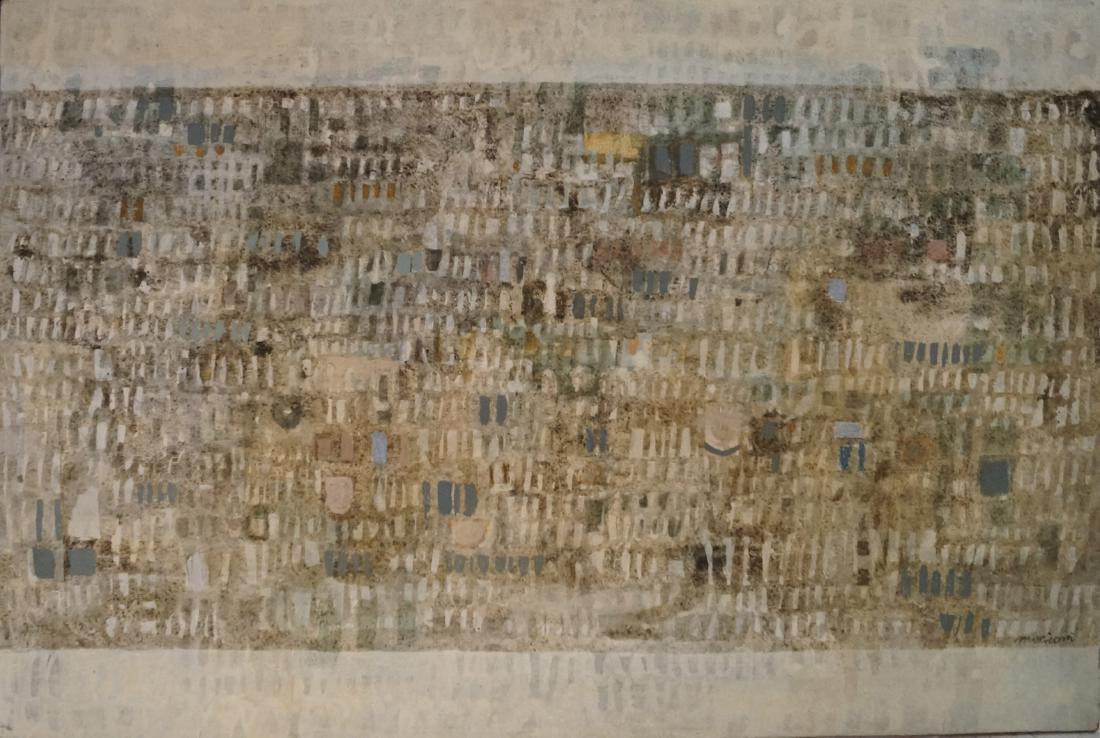 ALDO MORICONI (ITALIAN 1923-1973), OIL ON BURLAP,: ALDO MORICONI (ITALIAN 1923-1973), OIL ON BURLAP, UNTITLED ABSTRACT, SIGNED. 37 3/4 X 53"