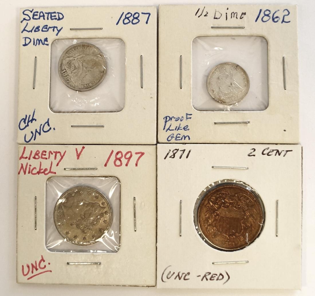 LOT (4) INCLUDING 1887 SEATED LIBERTY DIME COIN (UNC); (1 of 1)