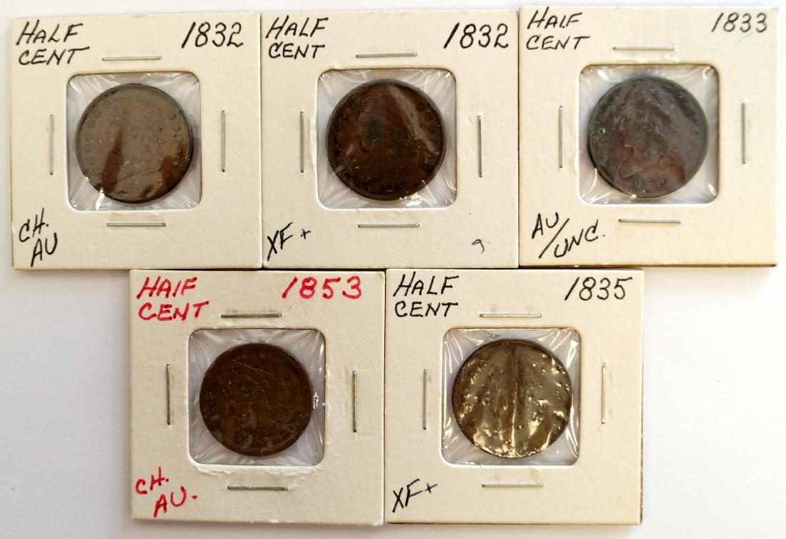 LOT (5) ASSORTED HALF CENT COINS INCLUDING (2) 1832 (1 of 2)