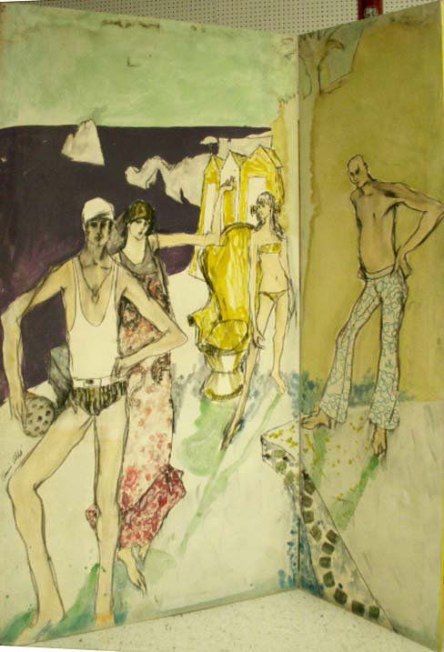 LOT (2) OIL ON CANVAS/2-PANEL SCREENS: LOT (2) OIL ON CANVAS/2-PANEL SCREENS, FIGURES ON A BEACH, SIGNED DENNIS ABBE. HEIGHT 90; WIDTH 60" (SCUFFS/TEARS) **DUE TO SIZE AND OR FRAGILITY OF THIS LOT IN-HOUSE SHIPPING IS NOT AVAILABLE** "