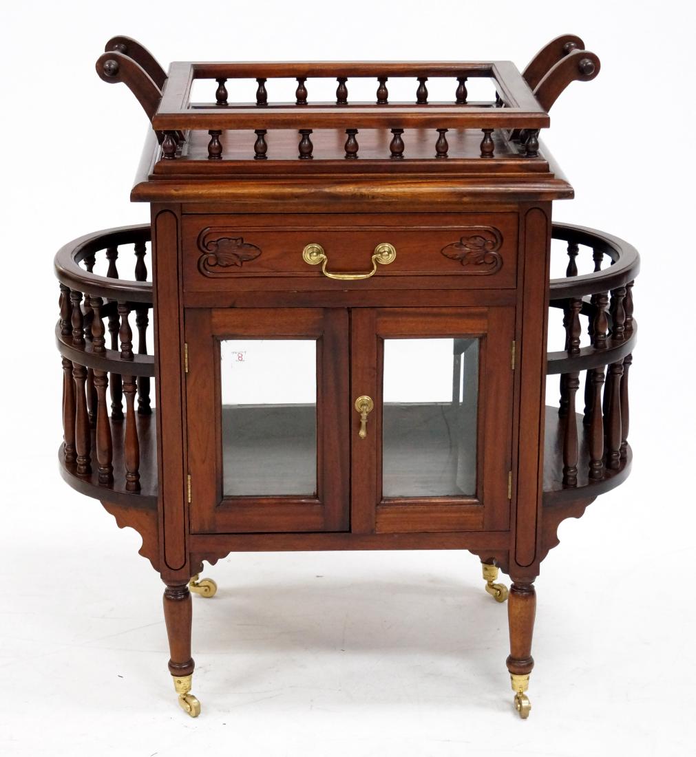 CARVED MAHOGANY TRAY-TOP BAR CART. HEIGHT 32"; WIDTH: CARVED MAHOGANY TRAY-TOP BAR CART. HEIGHT 32"; WIDTH 24"
