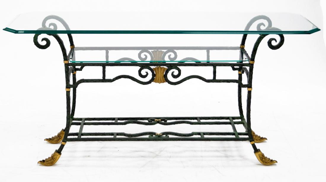 WROUGHT IRON AND BRASS CONSOLE TABLE WITH PLATE GLASS (1 of 1)