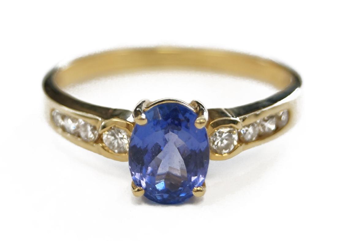 14K YELLOW GOLD, 1.35 CT TANZANITE AND DIAMOND RING. (1 of 2)