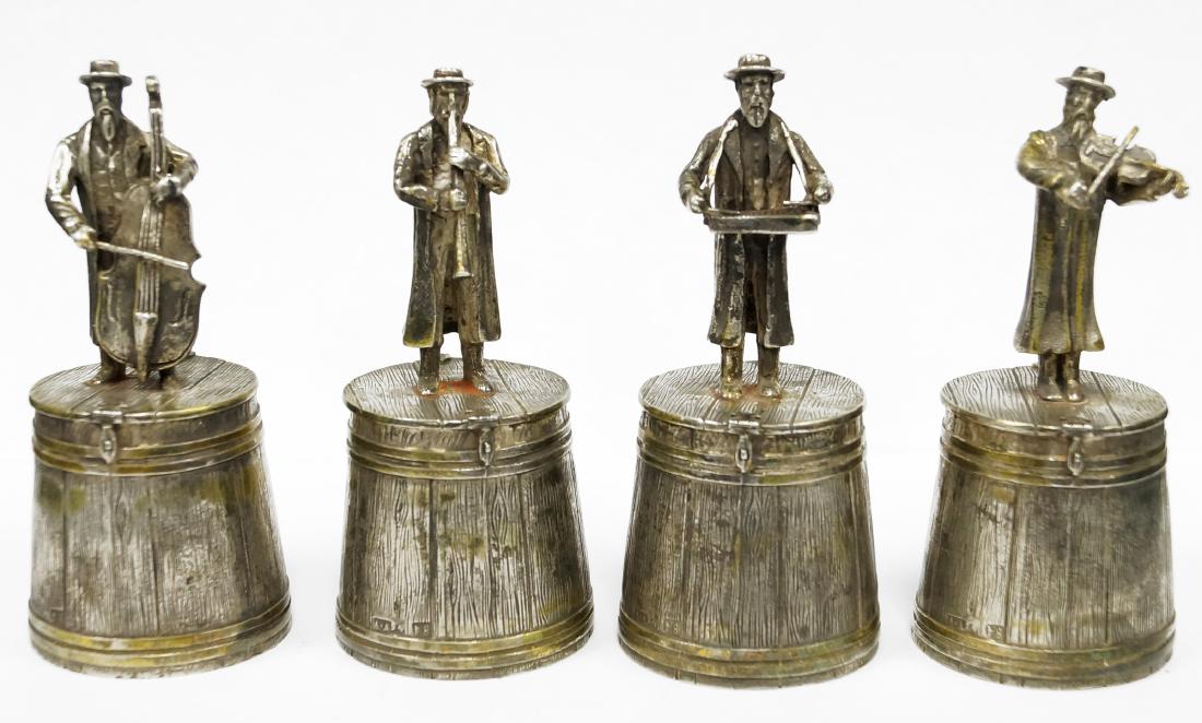 RUSSIAN SILVER KLEZMER MUSICIAN VODKA CUPS. HEIGHT 3: RUSSIAN SILVER KLEZMER MUSICIAN VODKA CUPS. HEIGHT 3 1/8"; 7.43 OZT