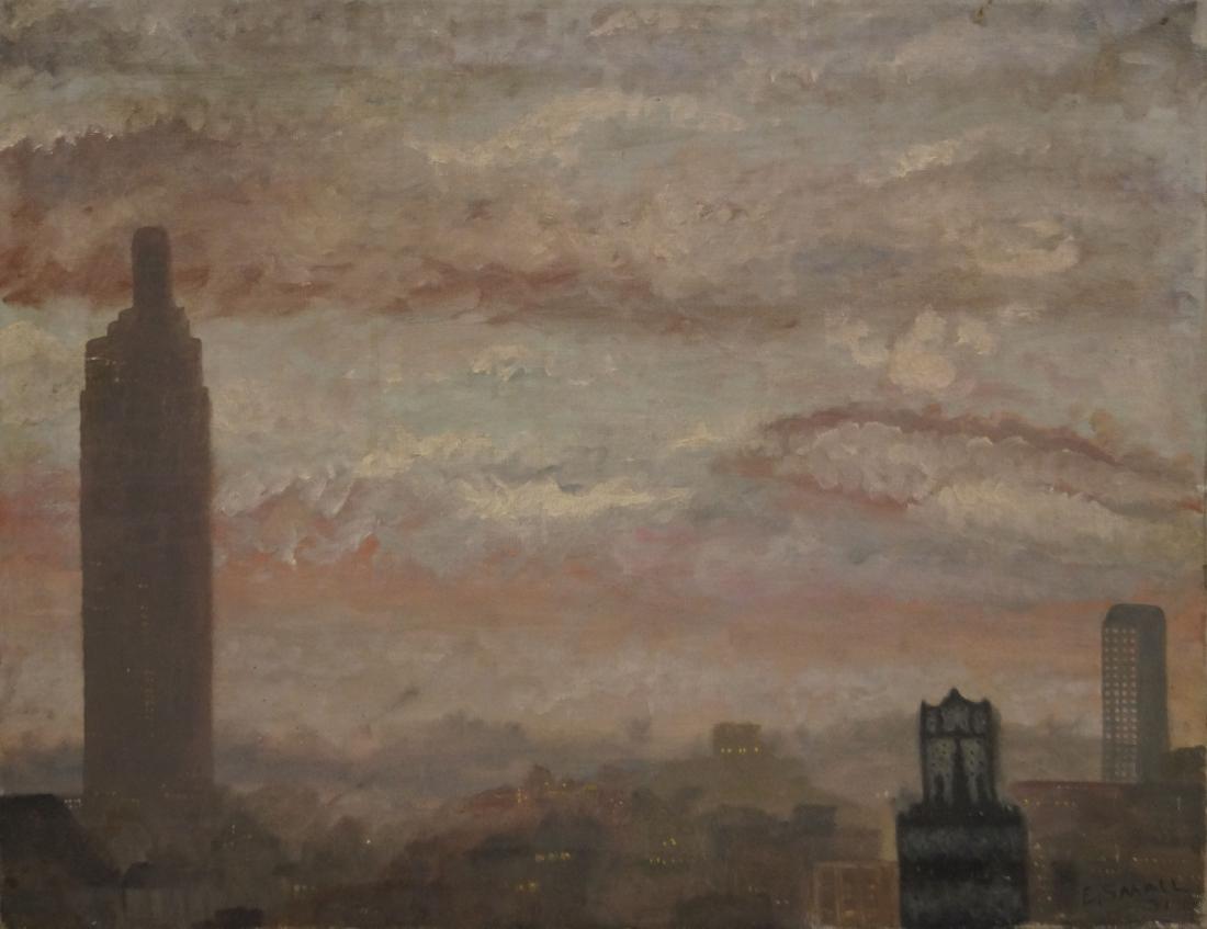 EUGENE WALTER SMALL (AMERICAN 1871-1934), OIL ON: EUGENE WALTER SMALL (AMERICAN 1871-1934), OIL ON CANVAS, EMPIRE STATE BUILDING BEFORE THE TOWER, SIGNED 1931. 22 X 28"
