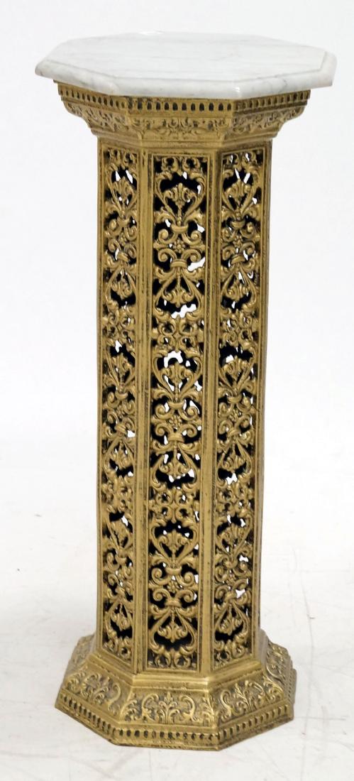 FILIGREED BRASS OCTAGONAL PEDESTAL WITH MARBLE TOP. (1 of 1)