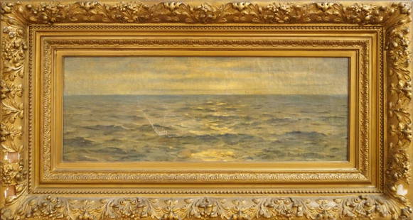 THOMAS ALEXANDER HARRISON (AMERICAN 1853-1930), OIL ON: THOMAS ALEXANDER HARRISON (AMERICAN 1853-1930), OIL ON CANVAS, SEASCAPE, SIGNED. 10 7/8 X 28"; FRAMED 23 X 40 1/2" (IMPERFECTIONS)