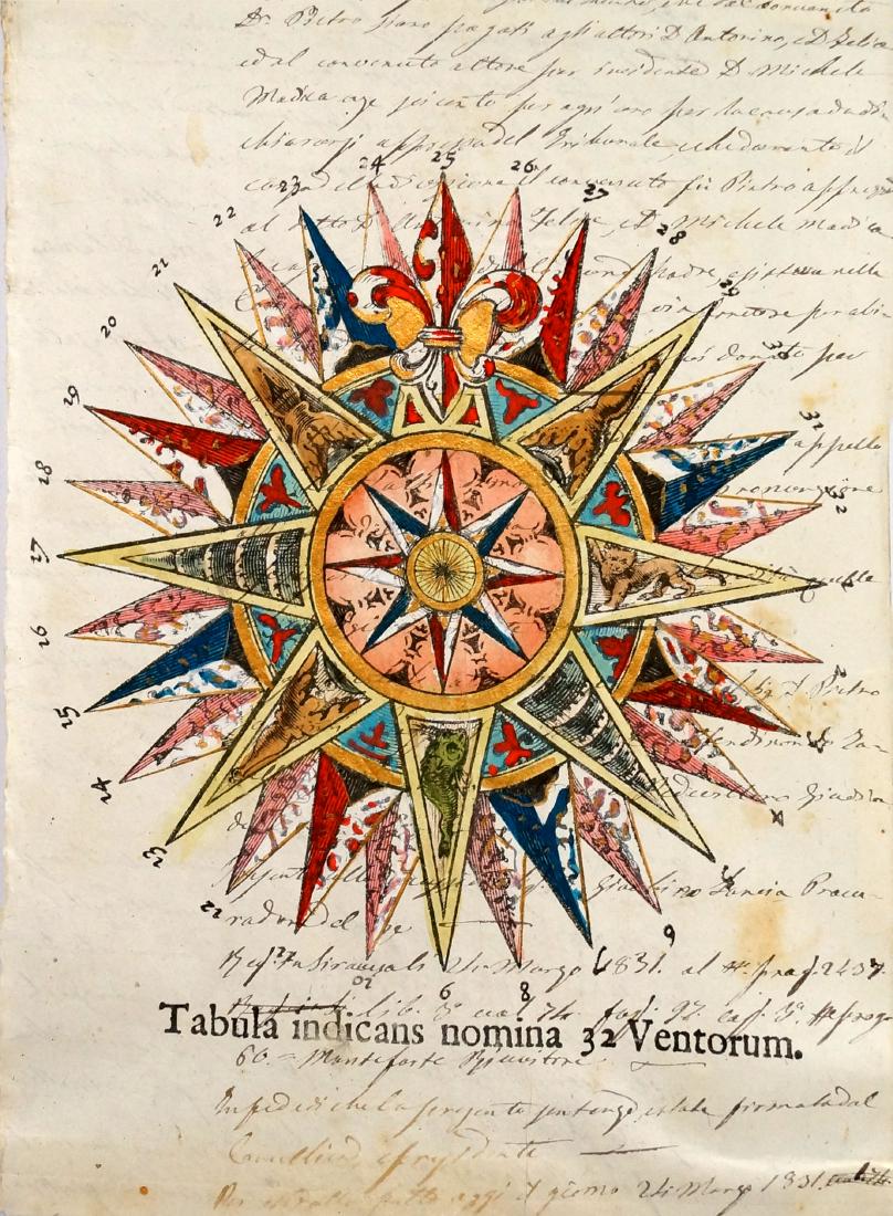 HAND COLORED ENGRAVING ON 18TH CENTURY MANUSCRIPT PAGE, (1 of 1)